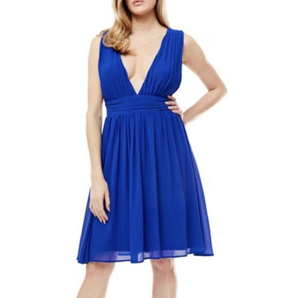 NWT Love By Design Melissa Plunge Blue Chiffon Fit & Flare Dress Women's Med